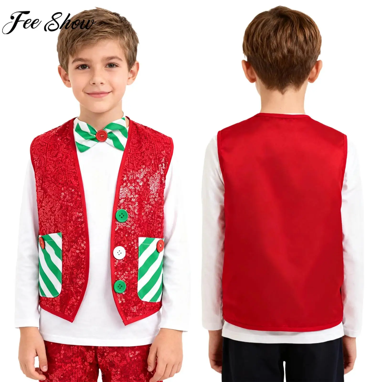 الفتيان الفتيات حفلة عيد الميلاد سانتا قزم تأثيري سترة لامعة الترتر عيد الميلاد صدرية مع مخطط ربطة القوس فيونكة اللاتينية الجاز ديسكو ملابس رقص