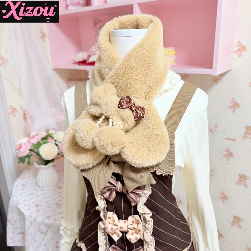 Kawaii Japanese Original Lolita Handmade Plush Scarf Soft Girl Autumn and Winter Sweet Cute Pink Hairball Bow Warm Scarf Woman