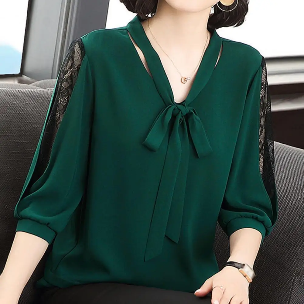 

Women Spring Summer Style Blouses Tops Lady Casual Bow Tie Half Lace Sleeve Loose Blusas Tops Loose Fit Thin Pullover V-Neck