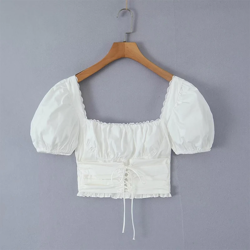 

Summer Women Vintage Puff Sleeve Square Neck Cross Lacing Up Bandage Waist White Blouse Top