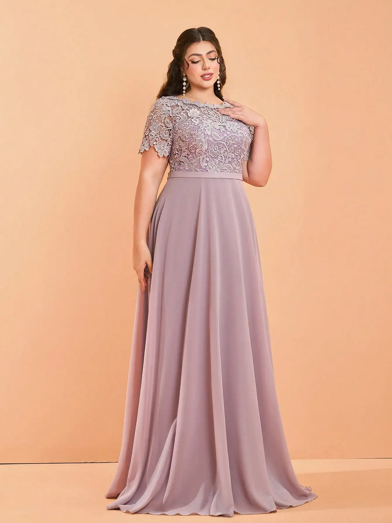 Mgiacy New Arrival Asymmetrical neck Pinkish pink Large size Bridesmaid Dress Contrast lace Chiffon Long dress
