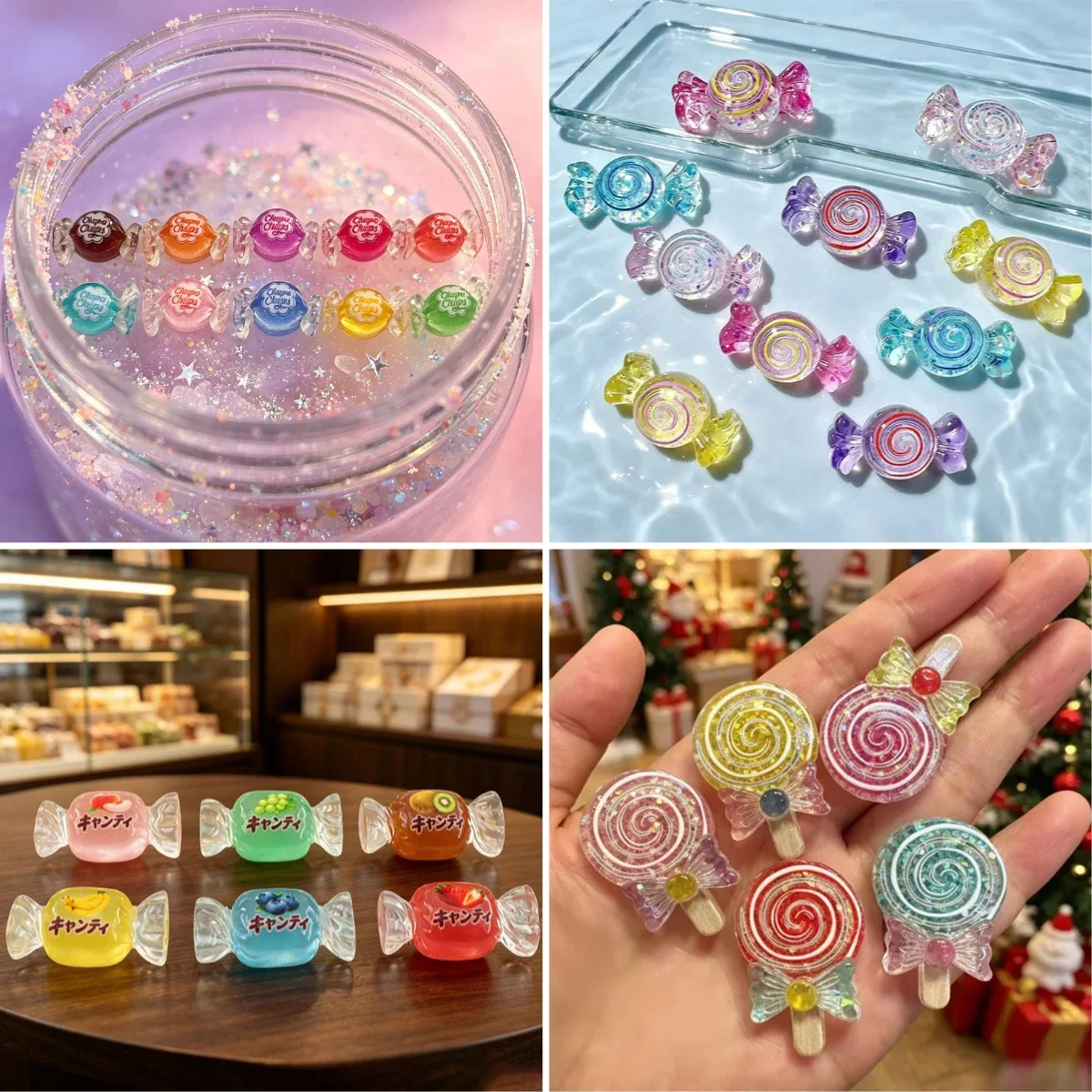 100pcs Cute Simulation Glitter Candy Lollipop Resin Flatback Cabochon DIY for Phone Case Hairpin Keychain Earrings Scrapbook