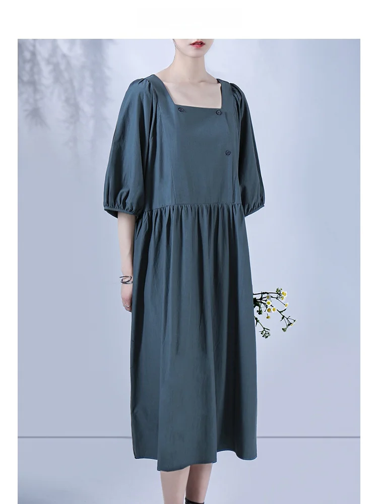 

Original Design Ice Skin Australian Cotton Square Collar Vintage Dr Summer Bubble Sve 40 Stitches Faionable A-Line Skirt