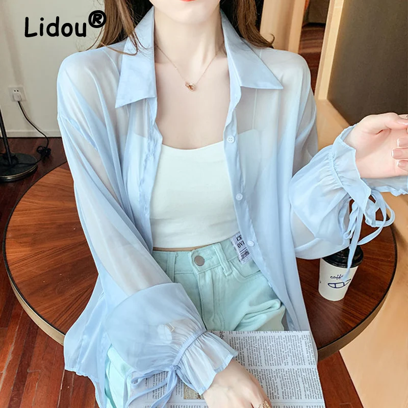 Zomer Nieuwe 2022 Koreaanse Effen Kleur Boog Vetersluiting Lange Mouw Suncreen Chiffon Shirt Vrouwen Losse Wilde Airconditioning Blouses Tops