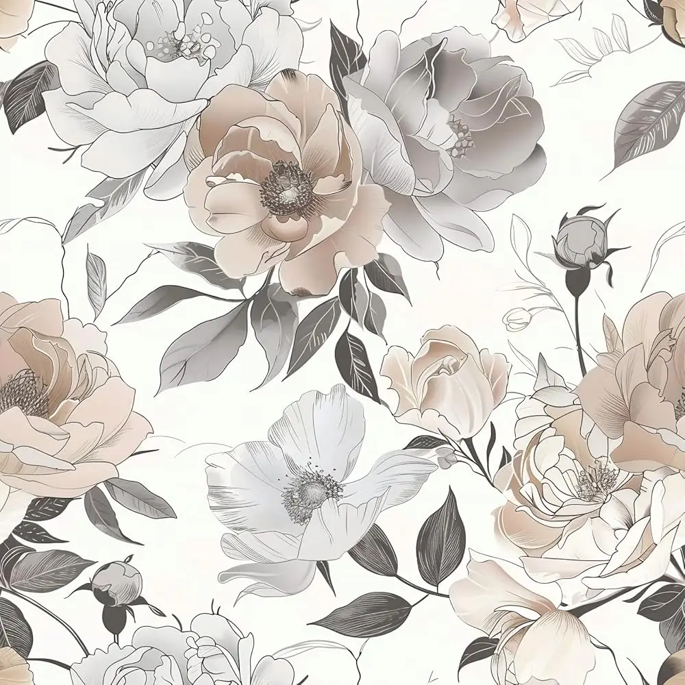 

Vintage Rose Grey Leaf Peel and Stick Wallpaper Pale White brown Floral Peony Flowers Easy Peel Off Self Adhesive Removable S