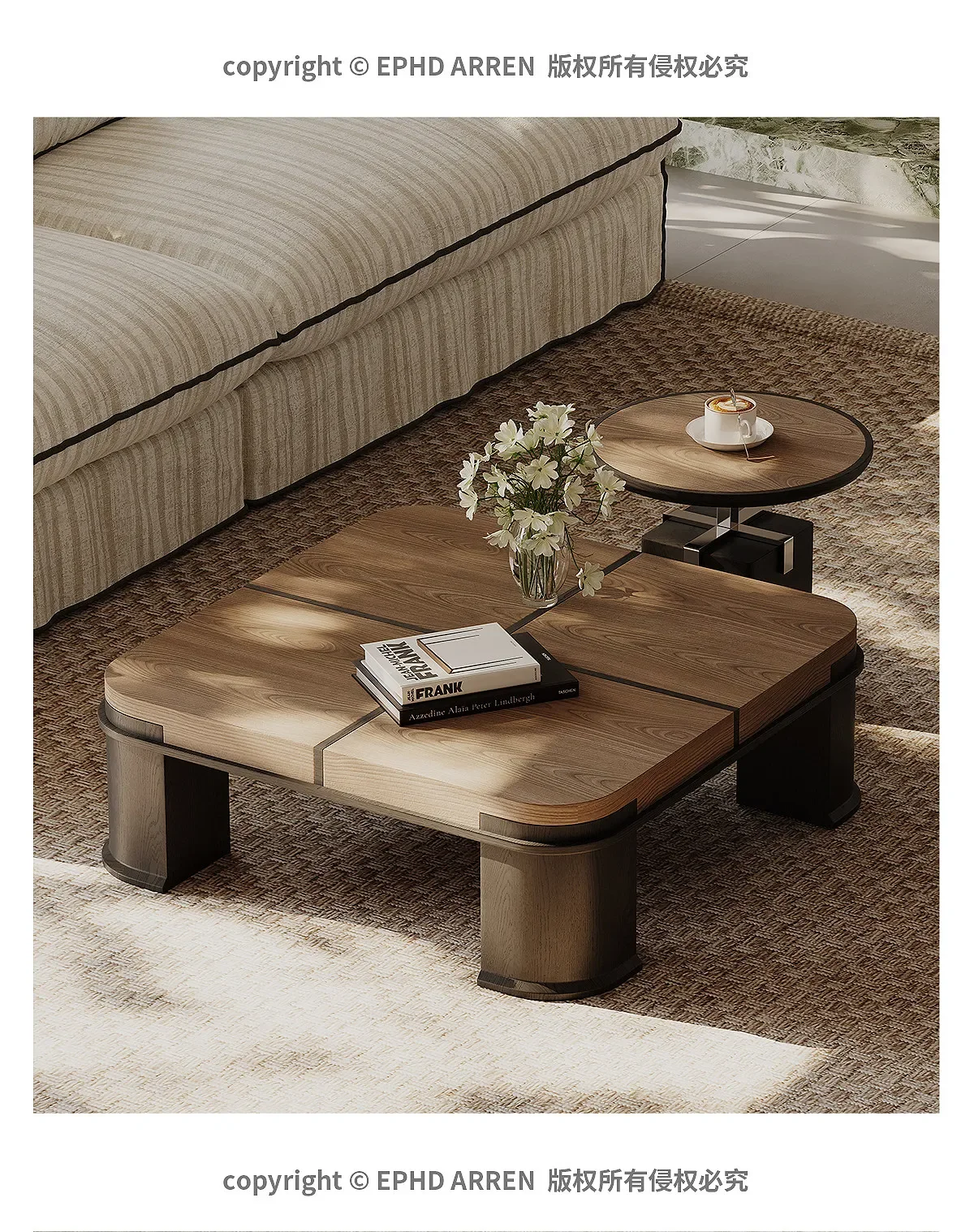 Medieval style square coffee table combination walnut leather living room home designer wabi sandy wind advanced sense