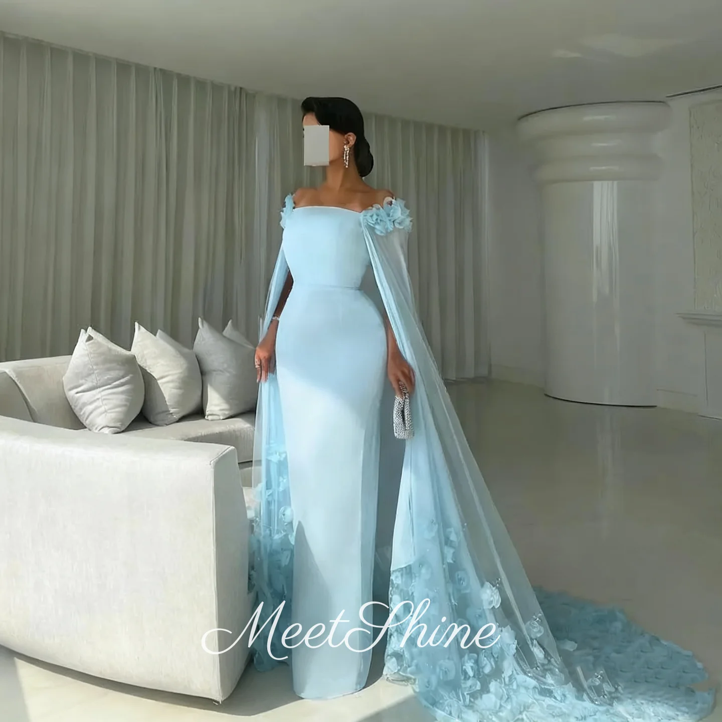 Vestidos de fiesta de noche con flores 3D de sirena elegante azul cielo, románticos con capa, vestidos de graduación personalizados, vestido para ocasiones formales para mujer