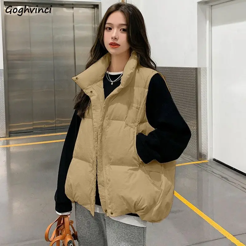 

Vests Women Solid Loose Fit Casual Thicken Warm Korean Fashion Winter Simple Stand-collar Coats All-match Windbreak Feminino