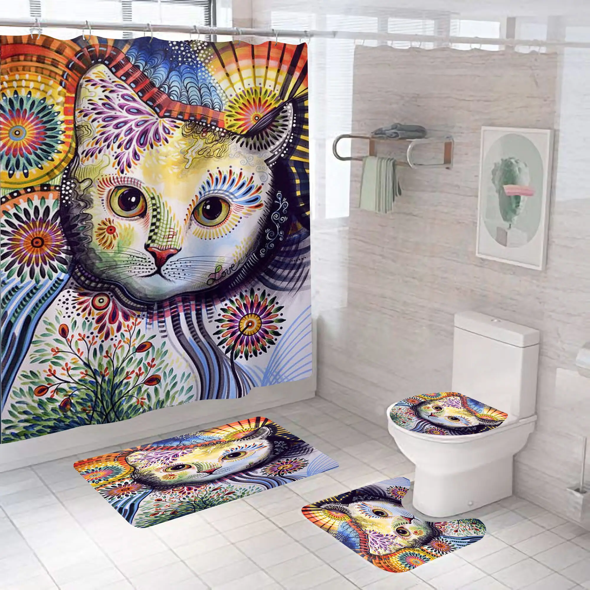 Cartoon Katze Duschvorhang Set Tier Schwarz Wasserdicht Bad Wc Deckel Sitzbezug Bad Rutschfeste Matte Teppich Badezimmer Decot Abdeckung – Detail 3