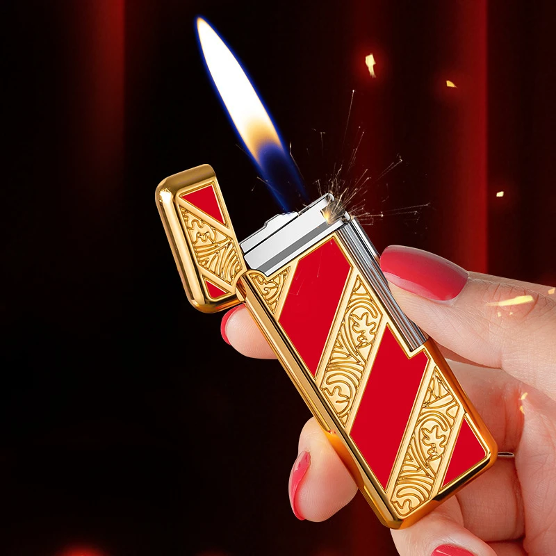 New HOT Personalized Grinding Wheel Side Slide Open Flame Butane Gas Lighter Luxury Metal Cigar Lighter Men Women High-End Gifts