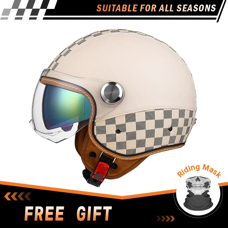 Double Visor Open Face Motorcycle Helmets Dual Lens White Grid Leather Vintage Jet Helmet Retro 3/4 Open Half Helmet with Inner