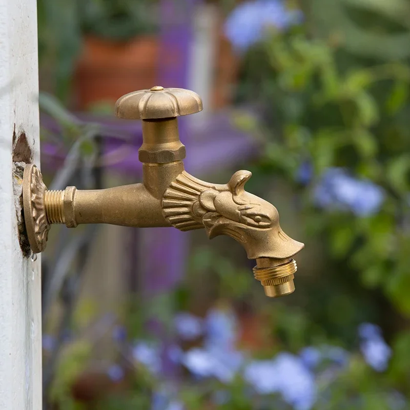 lengthened and thickened brass dragon-shaped faucet retro shape into the wall balcony garden outdoor spray gun watering flowers