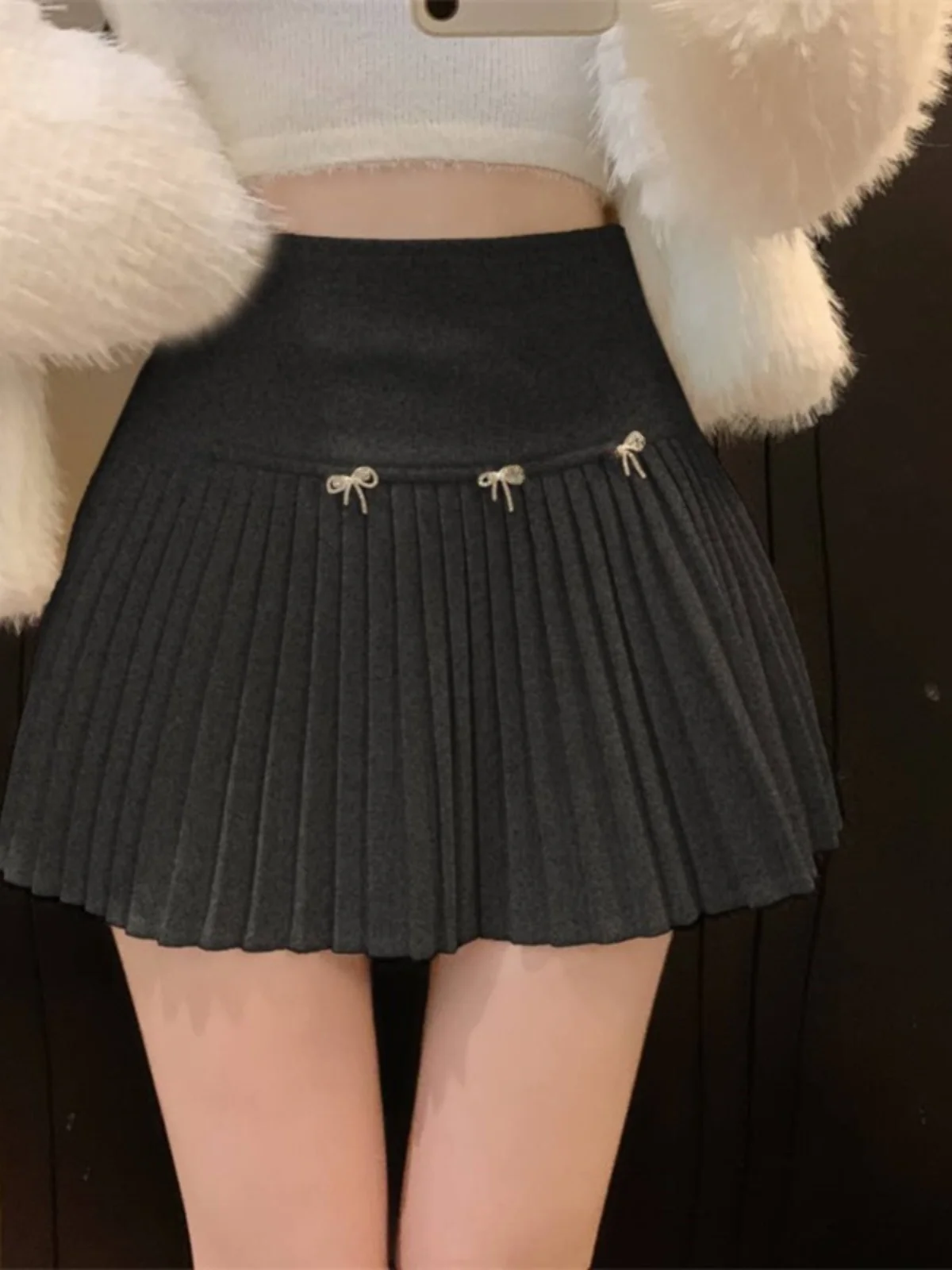 Small Bow Woolen Skirt Women's Autumn High Waist A- line Skirt Pleated Skirt Slimming Anti-exposure Short dress