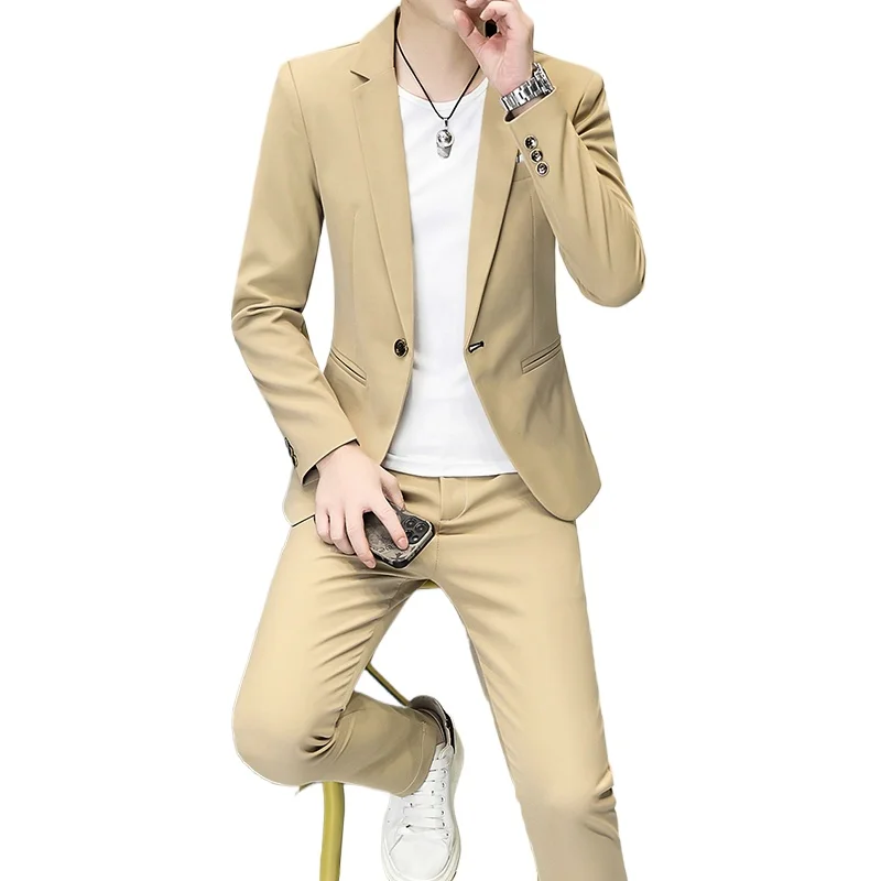 

Trendy Men's Two-Piece Suit Fashionable Solid Color Slim Fit Business Casual Style Suit One-Button Suit Set [Jacket + Trousers]