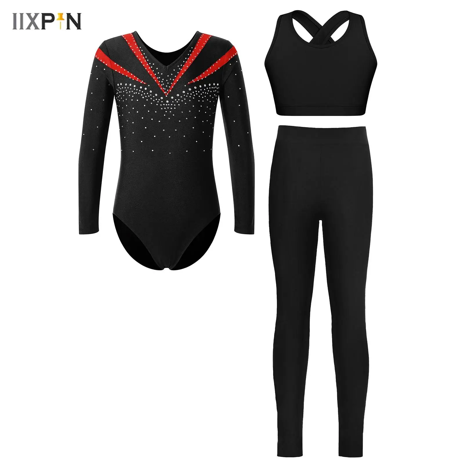 

Kids Girls Gymnastics Figure Skating Dance Outfit Long Sleeve Shiny Rhinestone Contrast Color Leotard with Vest and Leggings