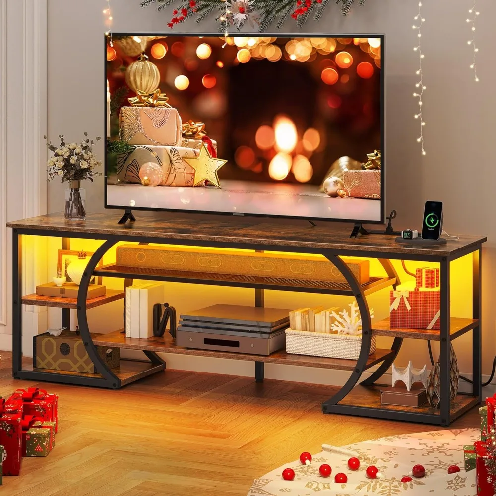 

LED TV Stands for Living Room W/Power Outlets, Entertainment Center with Storage, Wood Television Stand, TV Console Table