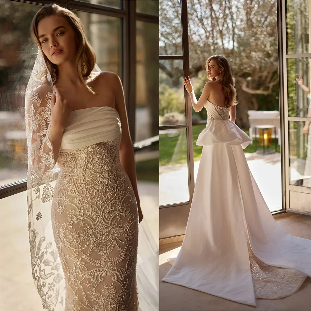 Luxury Ivory Strapless Pearl Beaded Mermaid Dress with Satin Skirt and Peplum Detail Women  Customized D262051