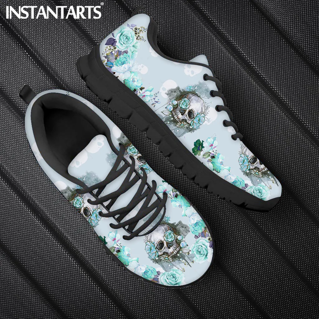 INSTANTARTS Spring Leisure Sneakers for Ladies Sugar Skull Pattern Gothic Flats Lace Up Shoes Comfort Air Mesh Footwear Zapatos