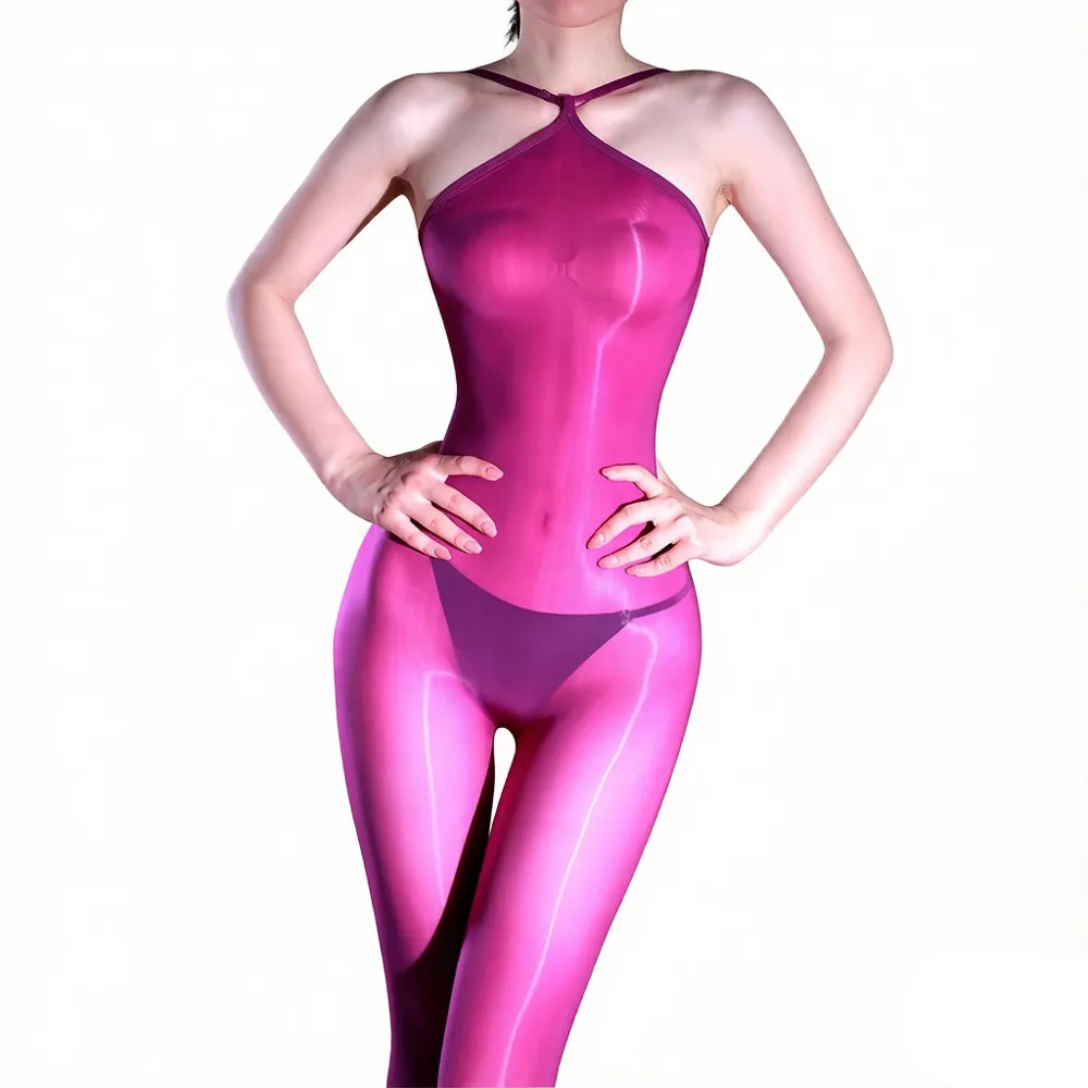 Fashion Women 640PIN Thin Bodysuit High Collar Oil Glossy Shiny Elastic Tights Open Crotch Yoga Shaping Maid Leotard Leggings