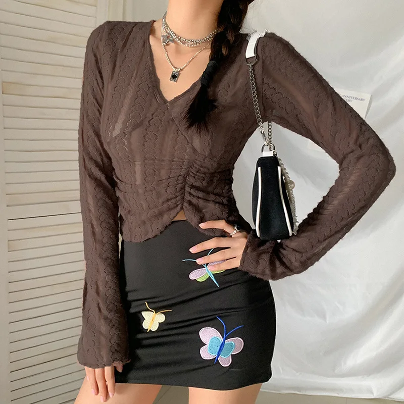 

Y2k Tops Brown Sexy Mesh See Through T Shirt Women 2024 New Autumn Solid Flared Long Sleeve V Neck Fashion Slim Commute Tops Tee