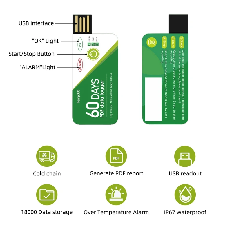 Hot-60 Days USB Temperature Data Logger -30 ℃-+60 ℃ Report With App IP67 Disposable High-Precision Recorder With Warning