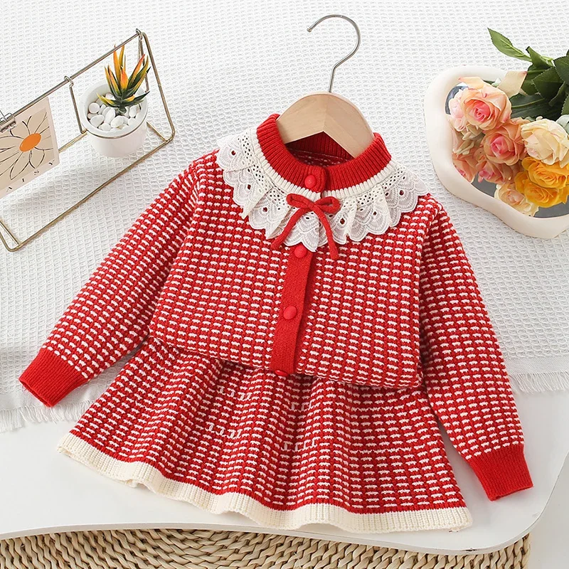 2025年秋冬新作-子供ニット服セット-2-6歳-女児服セット-長袖ニットカーディガン-ショートスカート