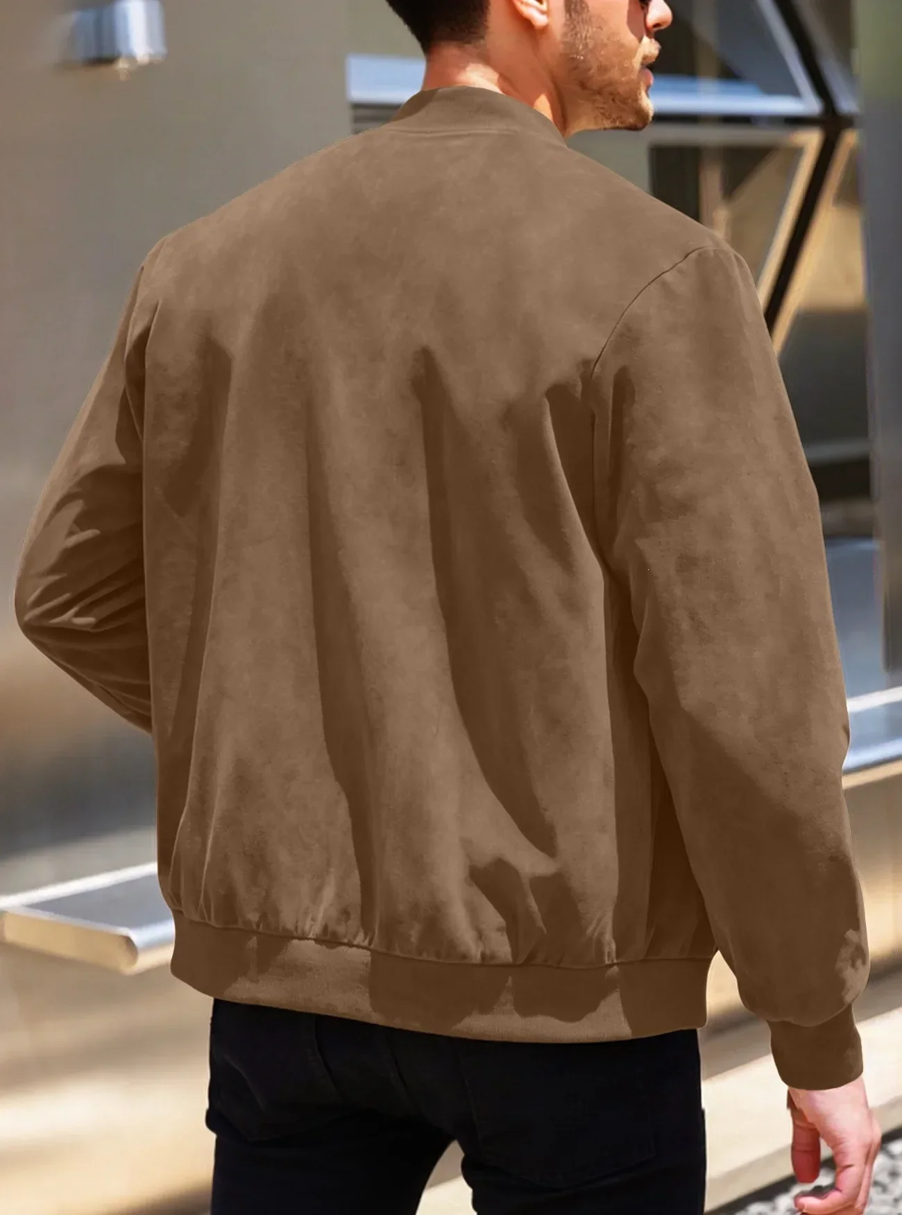 Herren-Wildlederjacke mit durchgehendem Reißverschluss, Stehkragen, lässig, langärmelig, einfarbig, leichte Streetwear-Oberbekleidung – Detail 27