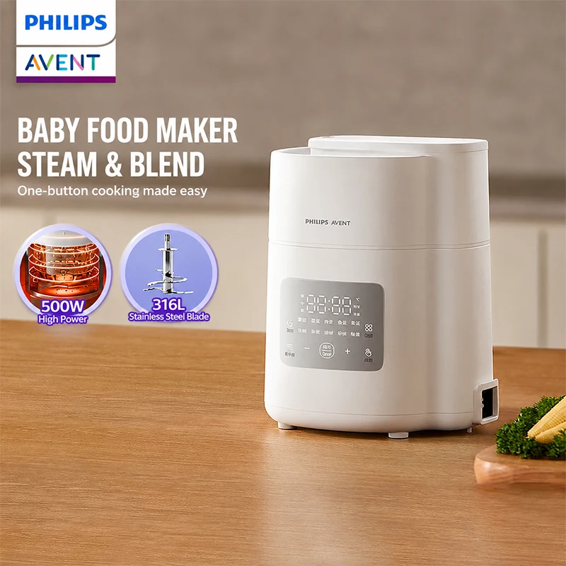 Philips Avent 3-in-1 Steam Baby Food Maker 500W 316L 6 Blades 24H Reservation & Constant Temp 300mL Glass Bowl