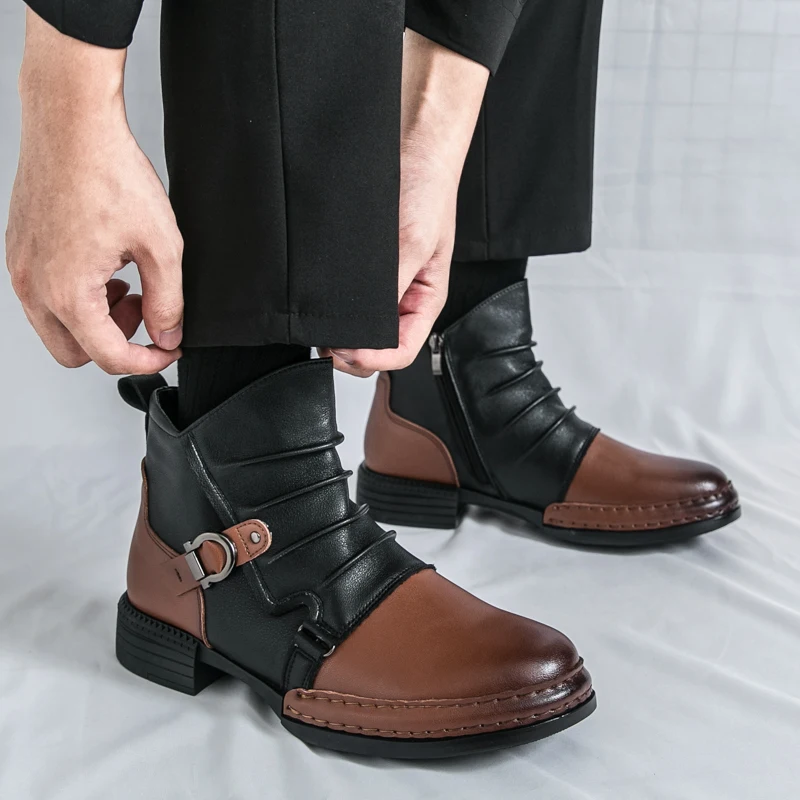 

Men High Top Boots PU Solid Color Round Toe Bare Boots Comfortable Classic Business Casual Men Boots Size 38-46