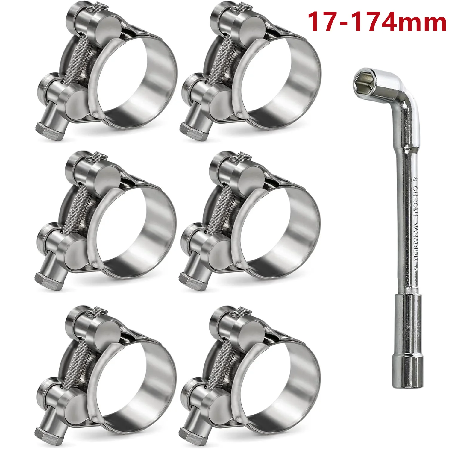 6PCS T-Bolt Hose Clamp with Wrench 304 Stainless Steel Adjustable Metal Clamp Welding Clip 17-174mm Exhaust Pipe Clamps 클램프