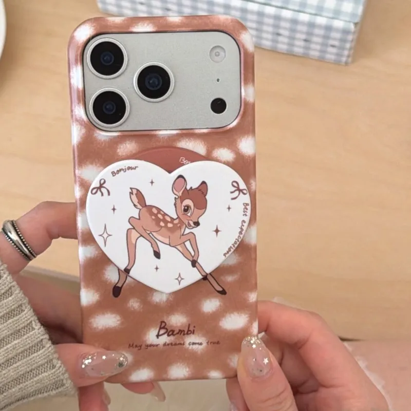 حافظة هاتف كورية لطيفة بامبي مناسبة لهاتف آيفون 17 17pro 17promax 13 14 15 16 Pro Max غطاء خلفي للهاتف بحامل مغناطيسي