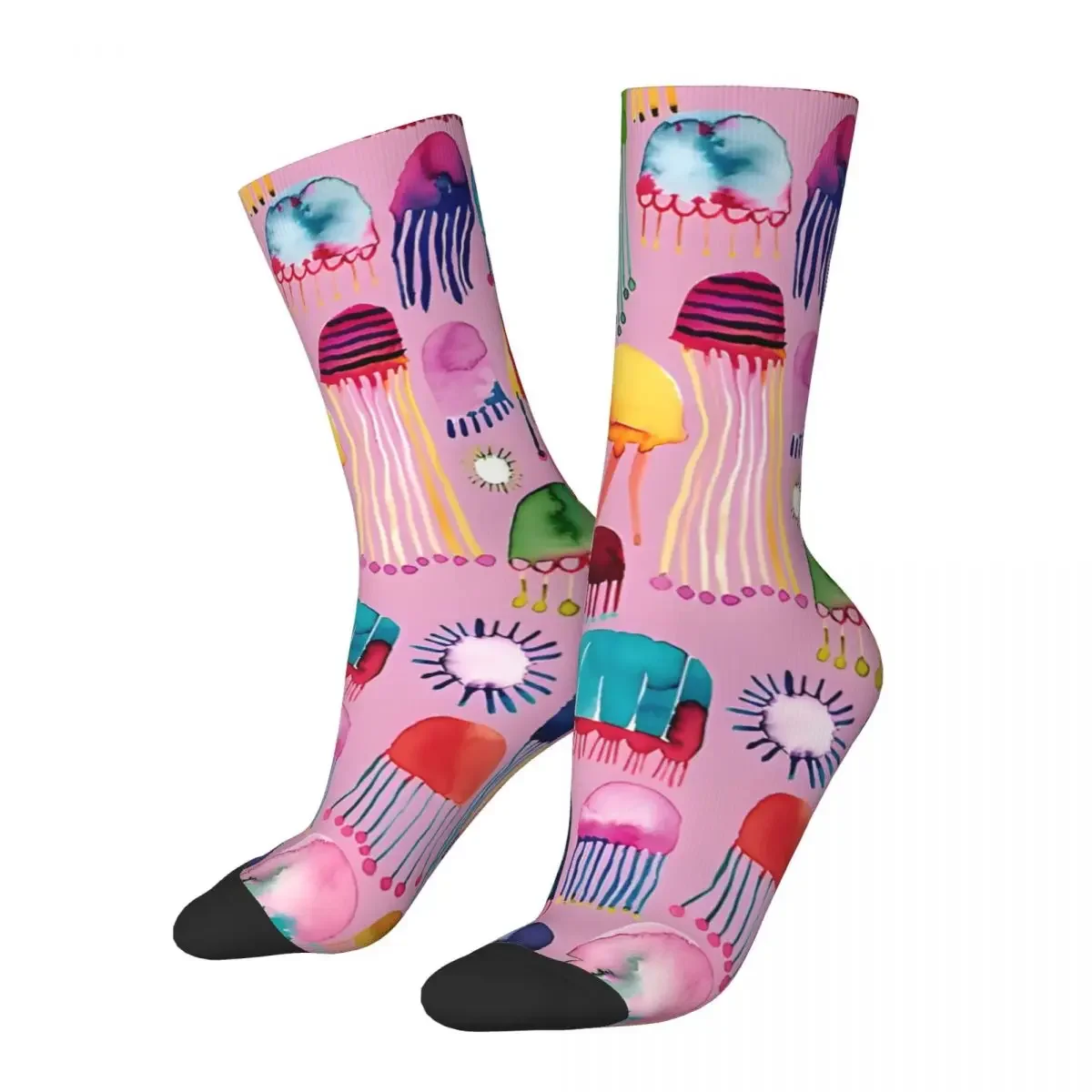 Multicolored Jellyfish Watercolor - Pink Summery Marine Print Men's Socks Retro Harajuku Street Style Novelty Seamless Crew Sock