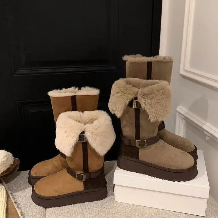 

Faionable Thi Bot Snow Boots Women's Mid-Calf Slip-On Winter Warm Cotton oes Korean Sle Rabbit Fur Lined Boots