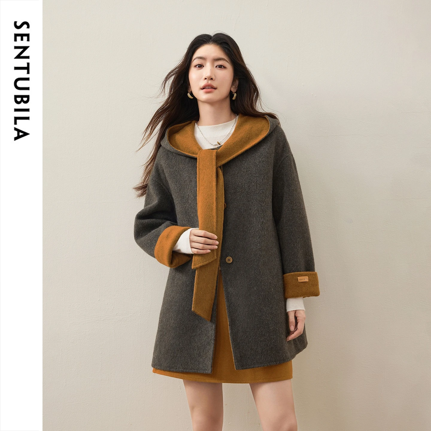 SENTUBILA Women's Winter Hooded Coat Loose Cashmere Blend Double Faced Wool Coat 2026 Commute Thick Warm Outerwear W64OB7663