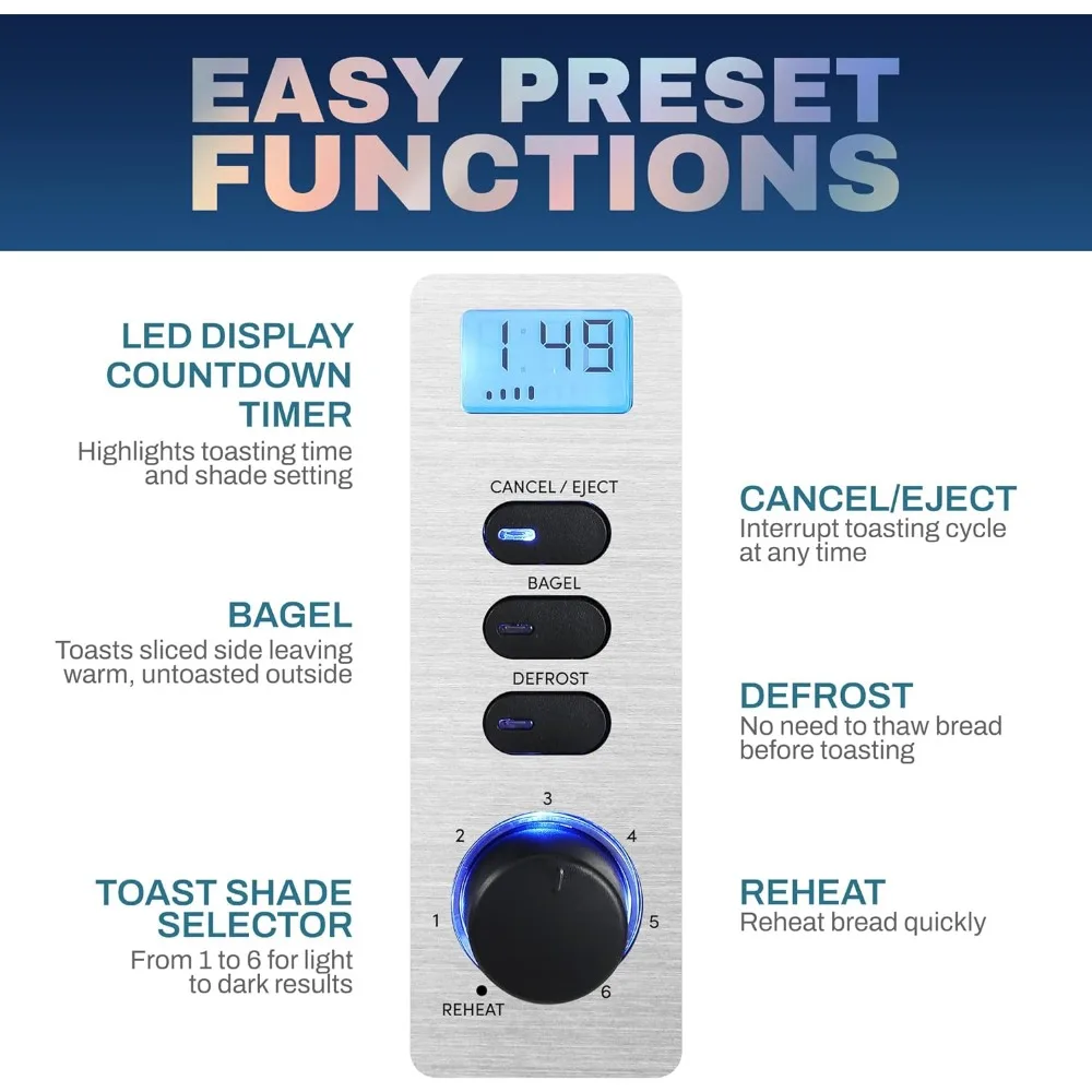 Extra Wide Slot 2-Slice Toaster, Bagel Function Reheat, Defrost, Cancel Functions, 6 Settings, Countdown Timer, Stainless Steel