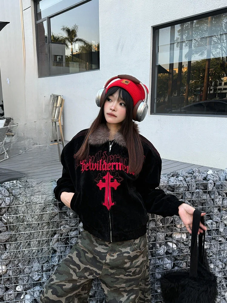 

Thiened Embroidered Suede Jaet Cotton Lined Loose Fit ex Cross Stitch Outerwear with Fur Collar Street Sle Cotton Coat