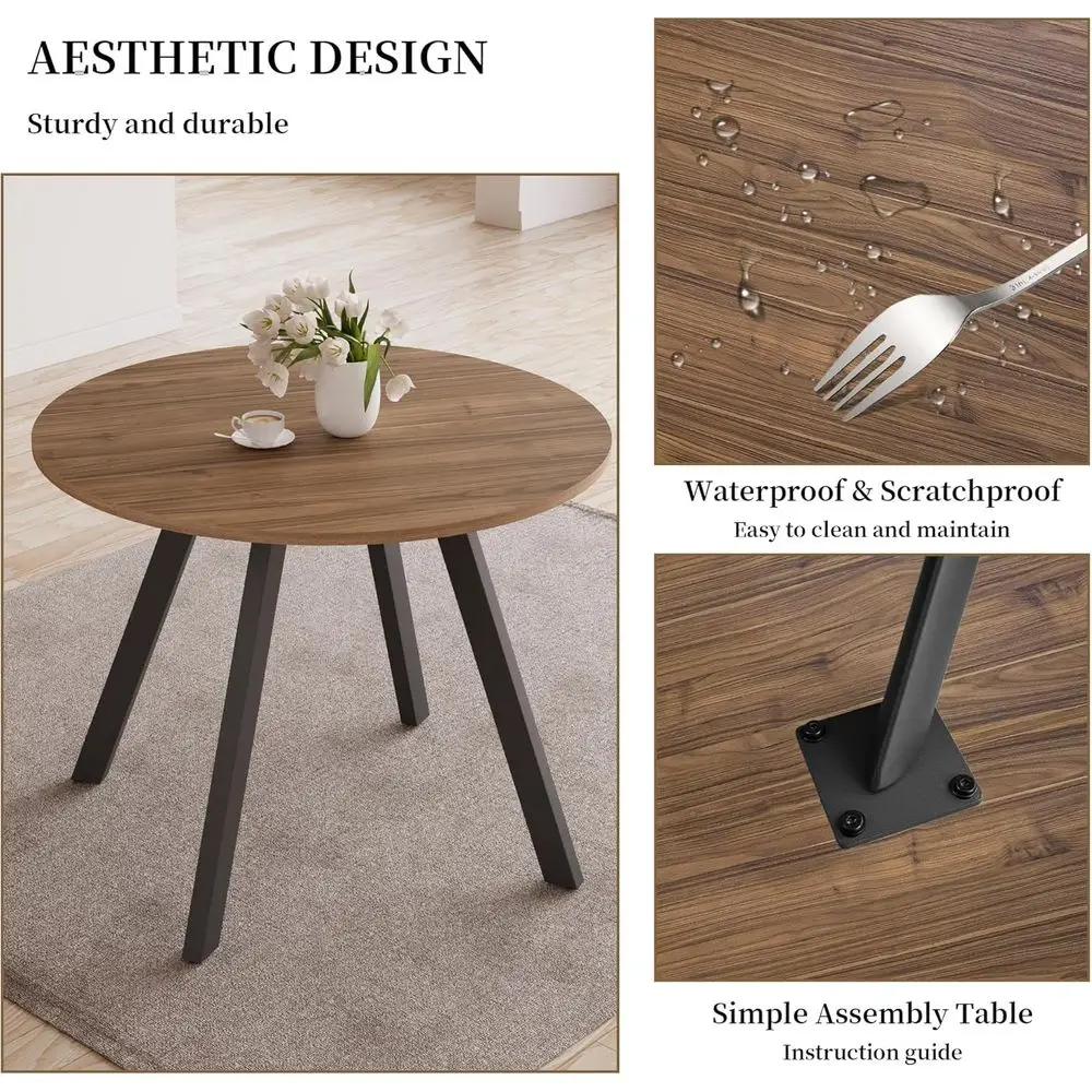 Ensemble de salle à manger moderne du milieu du siècle en noyer pour 2 personnes avec table ronde et chaises marron, idéal pour la cuisine d'appartement