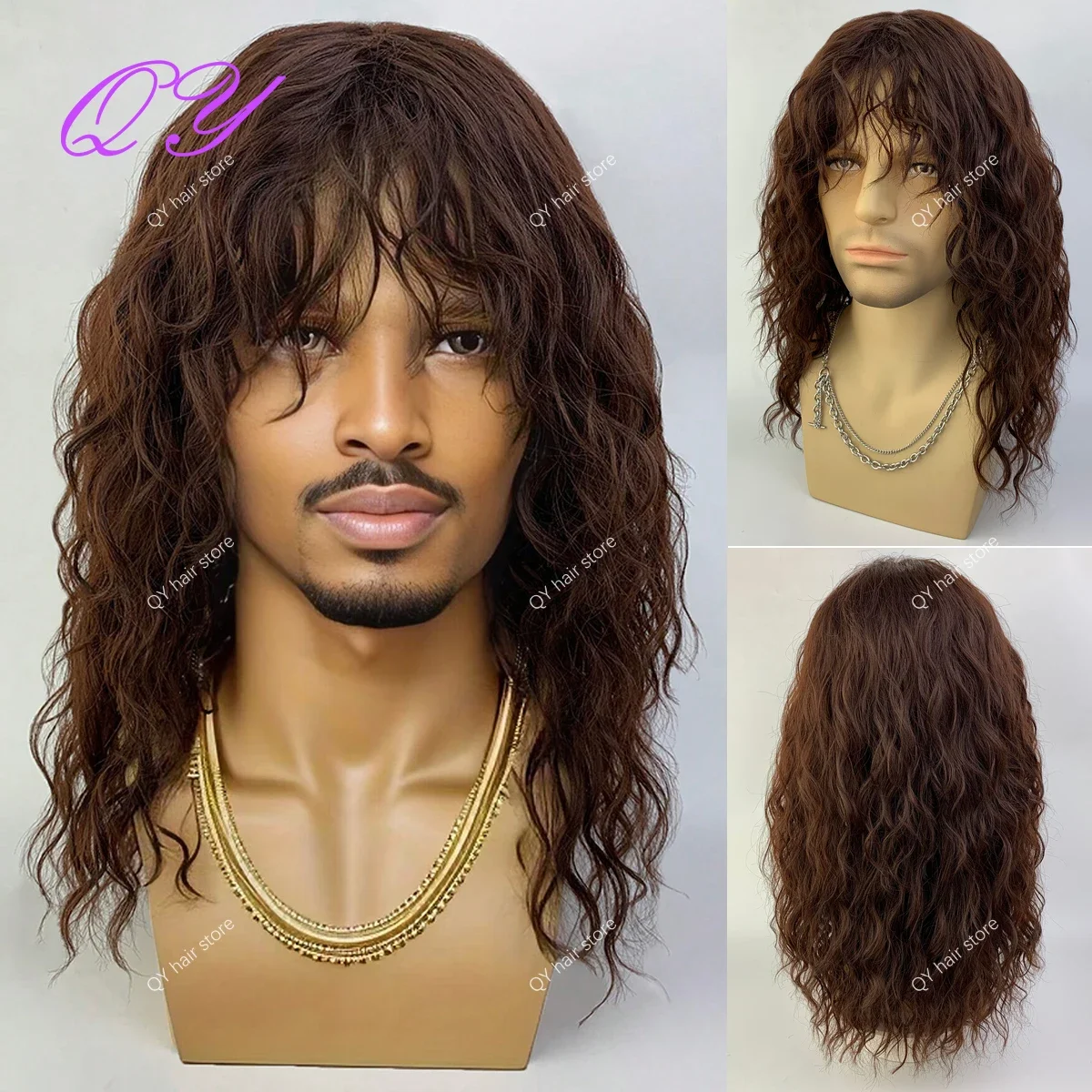 Synthetic Men Wig Water Wave Golden Color Long Curly Male Wig With Bangs Daily or Cosplay Adjustable Size Man Hair Wig