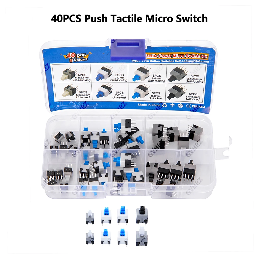 Kit de 40 micro-interrupteurs tactiles à 8 valeurs, 6 broches, non verrouillables/autobloquants pour projets électroniques DIY 6P
