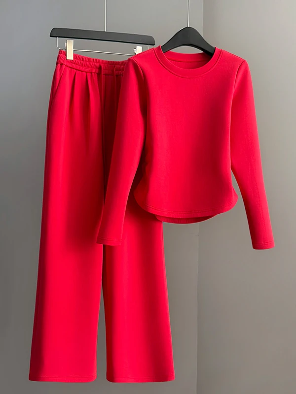 

Fashionable Casual Red Long Sleeve round Neck Top High Waist Wide Leg Pants Two Piece Set Women's Spring New Arrival
