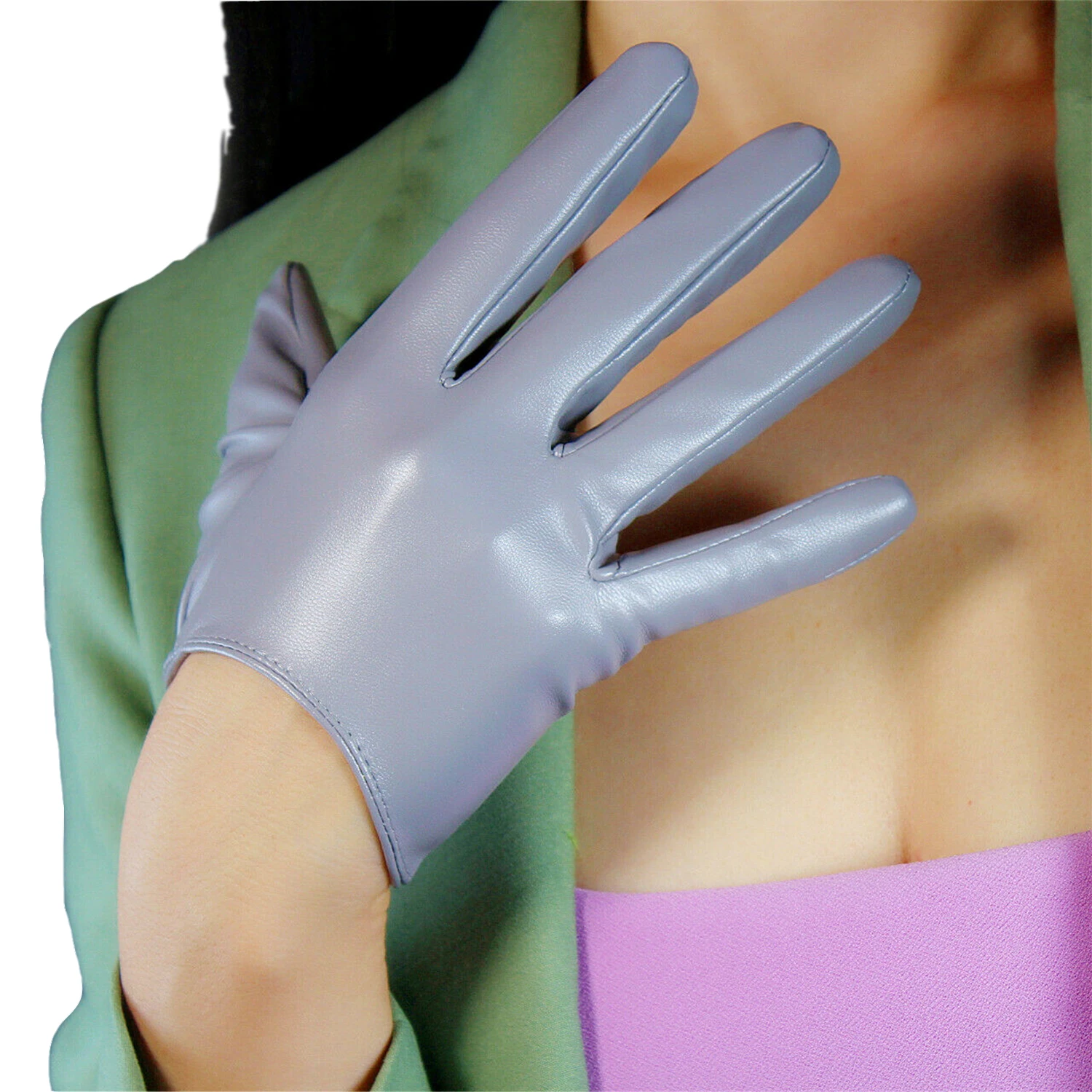 DooWay قفازات نسائية قصيرة للغاية من الجلد اللاتكس من الجلد الصناعي PU فضي رمادي قابل للتمدد 6 بوصة من النخيل PU قفاز قيادة للسهرة