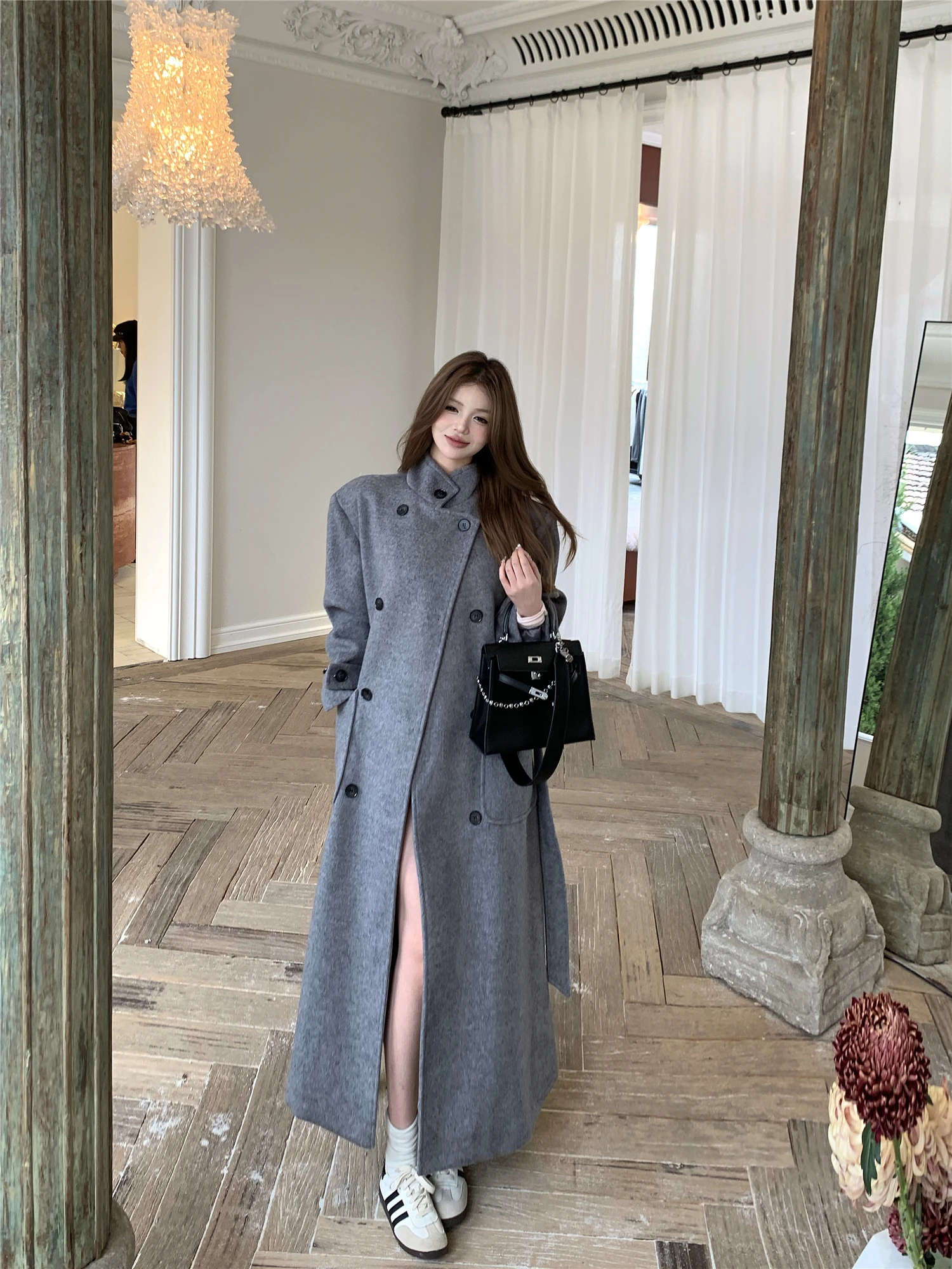 

2024 New Retro Korean Style High-end Advanced Temperature Loose Waist Strapped Stand Collar Long Woolen Coat Jacket for Women