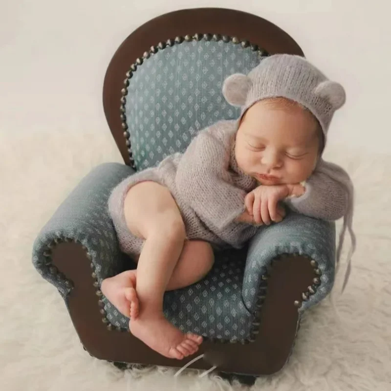 Newborn Photography Outfit Mohair Hand-knitted Teddy Bear Ears Hat + Rompers Baby Photo Props Infant Photoshoot Accessories