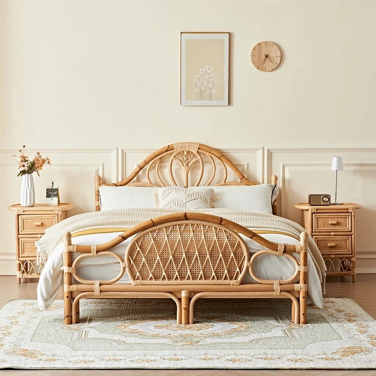 

Natural rattan bed frame for bedroom, hand-woven platform bed size 1.5m/1.8m
