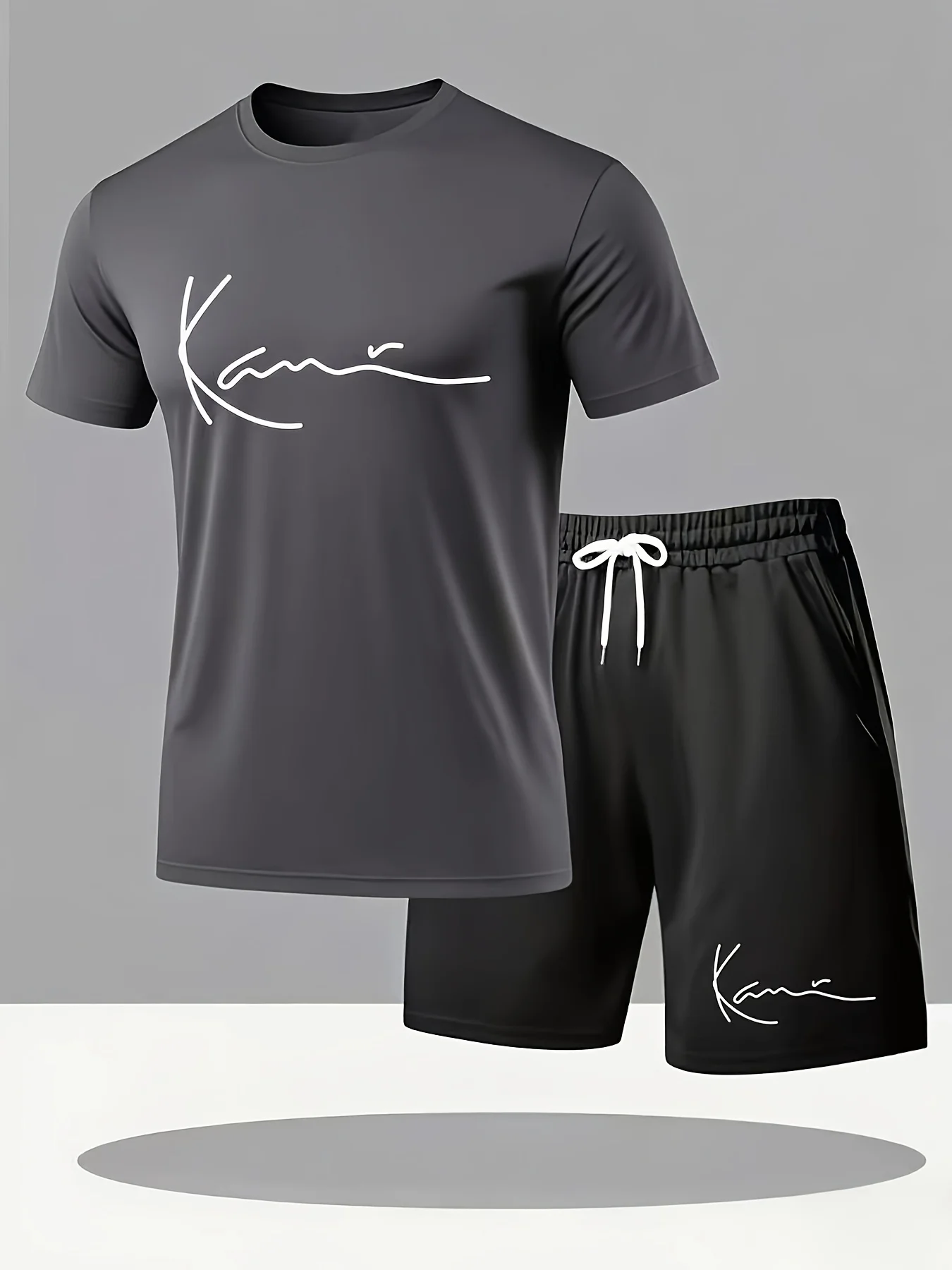 Sommermode-Set für Herren, atmungsaktiv, leicht, schnell trocknend, kurzärmliges Oberteil mit Shorts mit Kordelzug, zweiteiliges Set