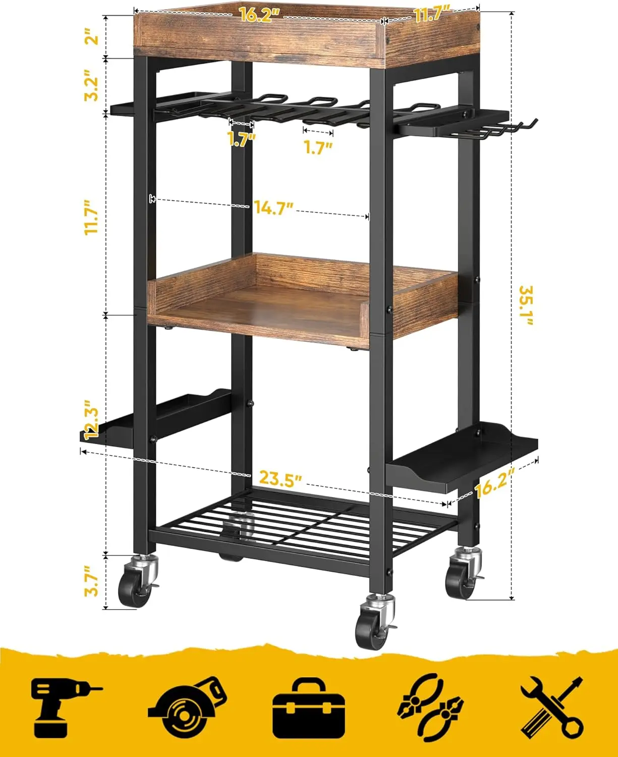 Power Tool Organizer Storage Cart,4-Tier Heavy Duty Metal Rolling Garage Tool cart on Wheels with 7 Drill Holders 2 Tool Box Fra