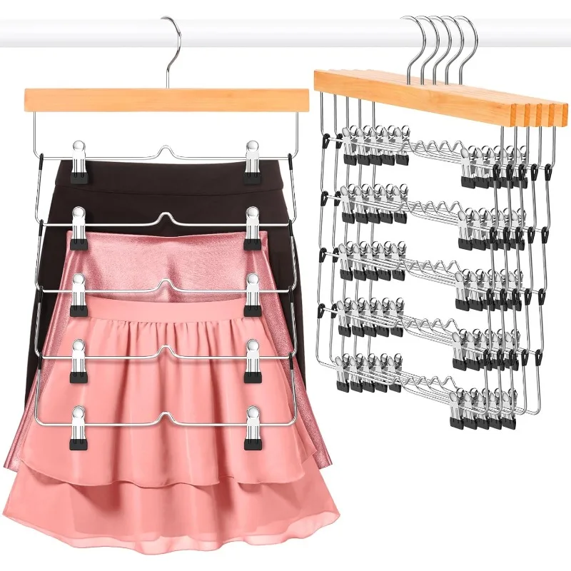 

Skirt Hangers Space Saving - 6 Pack Beechwood Skirt Short Hangers - Non Slip Women Space Saving Skirt Hangers with Clips