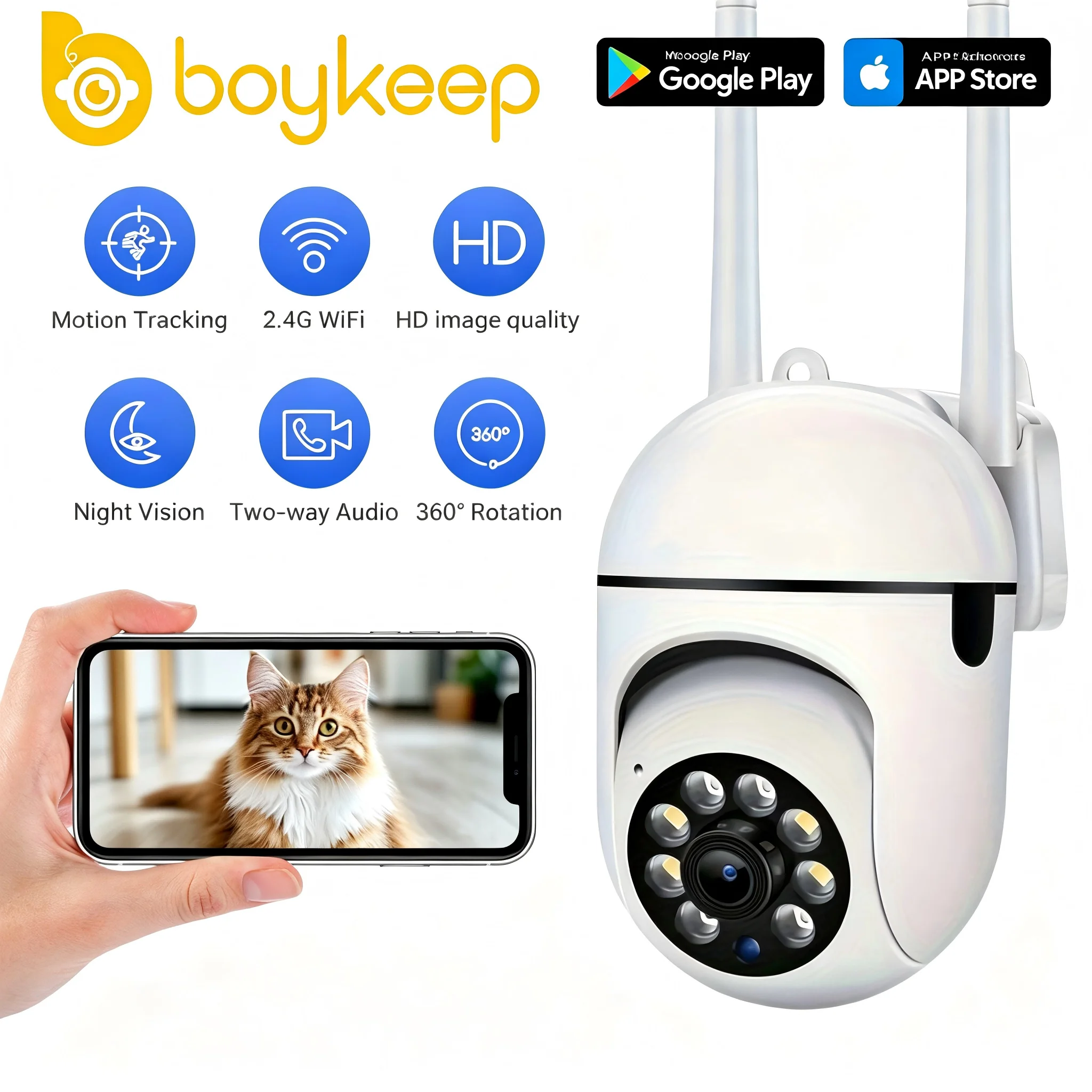 BoyKeep Ease Life App WiFi Smart Security Camera, Two-way Audio PTZ Motion Detection, Color Night Vision, Alarm Push Notifica