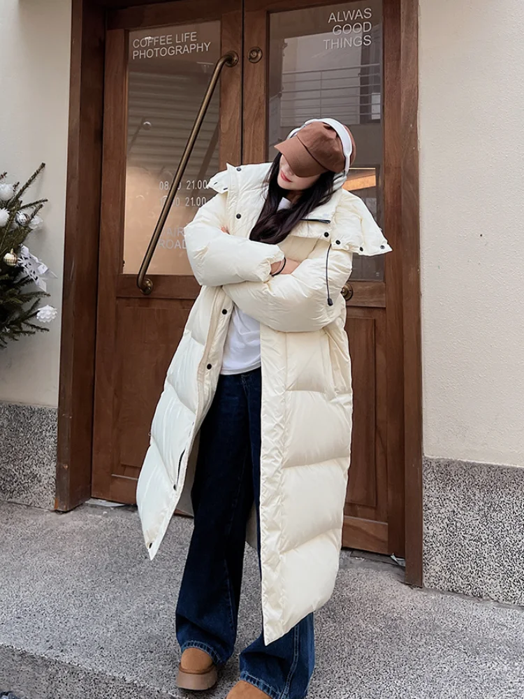 Winter Warm Coat Women\'s Long Knee-length Down Jacket Thickened 90 White Duck Down Fashion Lazy Wind Loose Soft Women\'s Coats