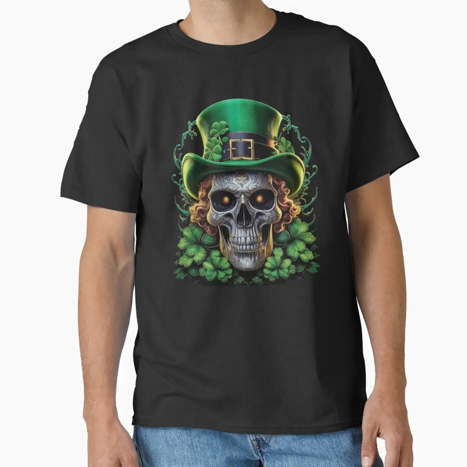 Skull with Shamrock Top Hat St Patrick s Day Gothic Art Classic T Shirt vintage Washed Top For Everyday Wear streetwear Casual